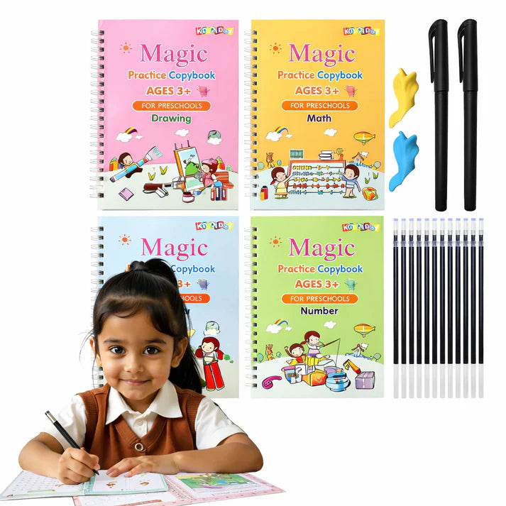 Magic Practice Copybook (4 BOOKS ,2 PEN ,1 GRIP ,10 REFILL) – 50% OFF!