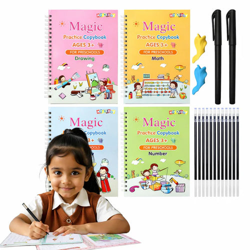Magic Practice Copybook (4 BOOKS ,2 PEN ,1 GRIP ,10 REFILL) – 50% OFF!